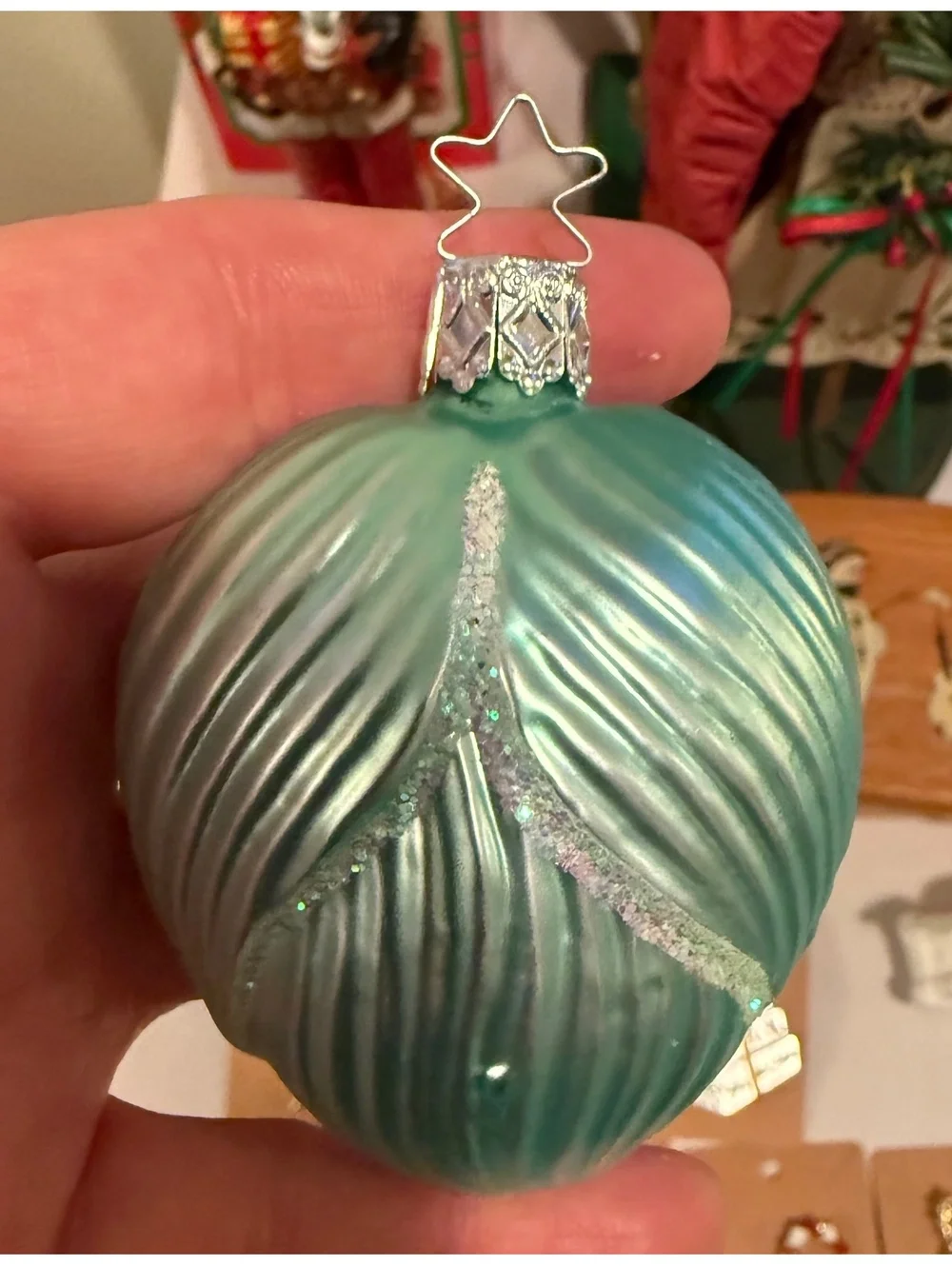 Collectible Vintage Germany Glass Frog on Lily Pad Christmas Ornament Green
